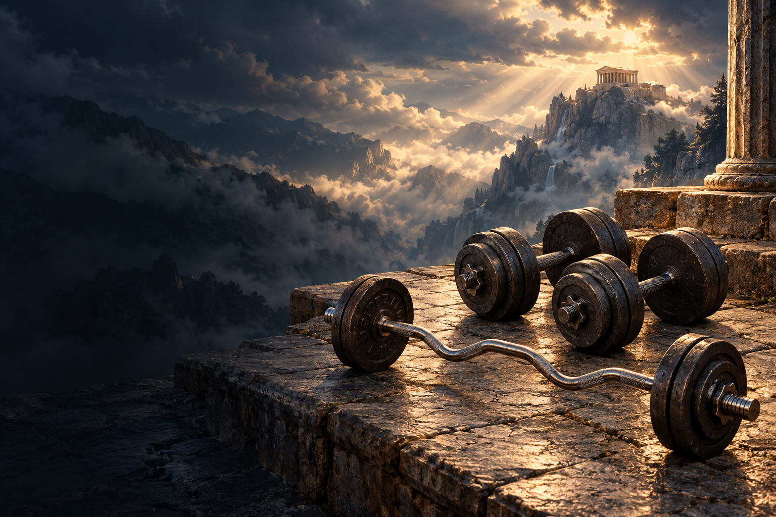 Dumbbells and an EZ bar on the Olympus stone terrace.