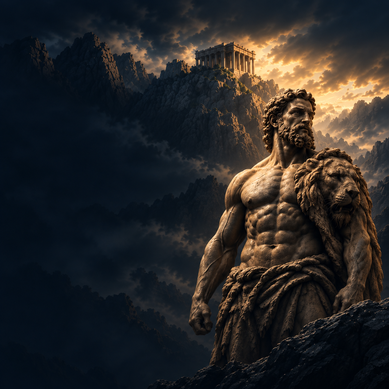 The app’s Hercules cover: a monumental statue with a lion pelt beneath a mountain temple.